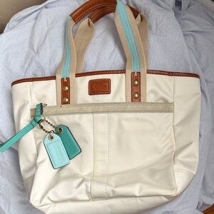 Coach Cream and Tan Tote with Aqua Accents